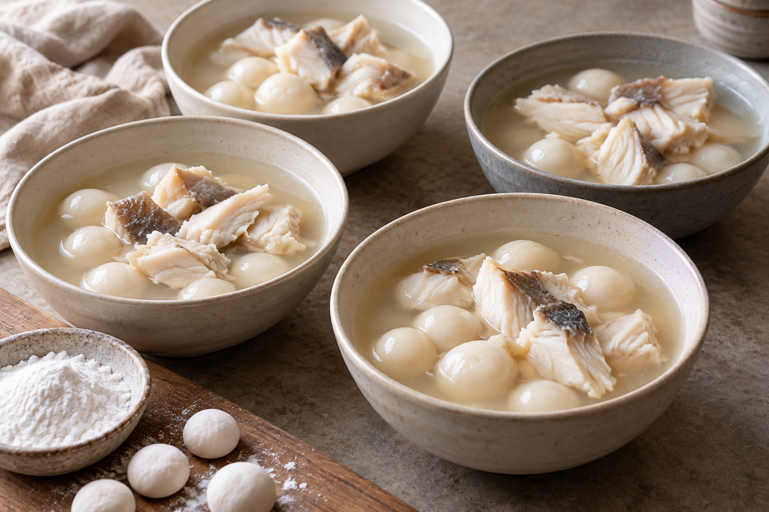 Small rice-flour dumplings and cooked fish flakes in a plain broth.