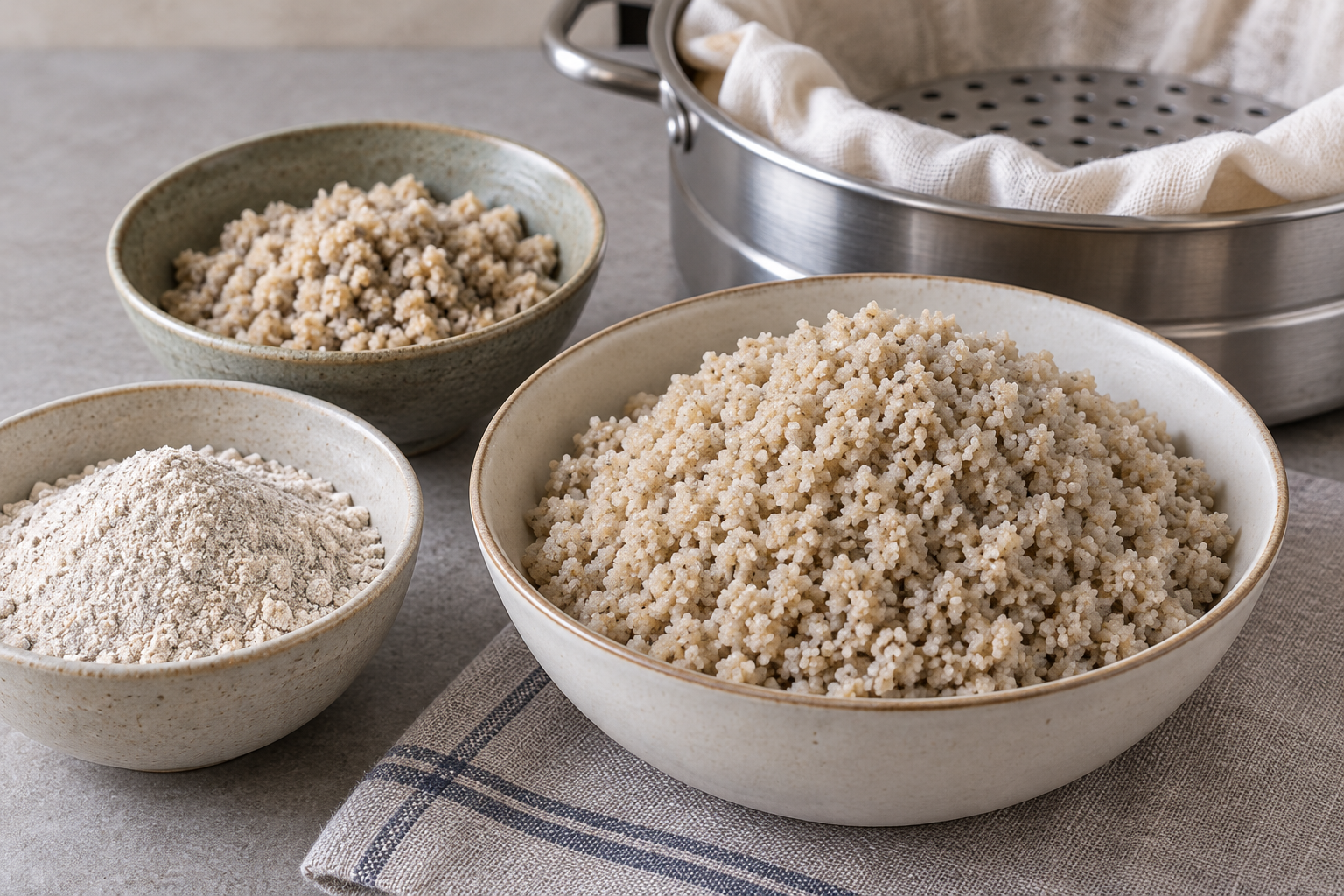 Loose steamed pearl-millet granules with flour, damp crumbs, and a cloth-lined steamer.