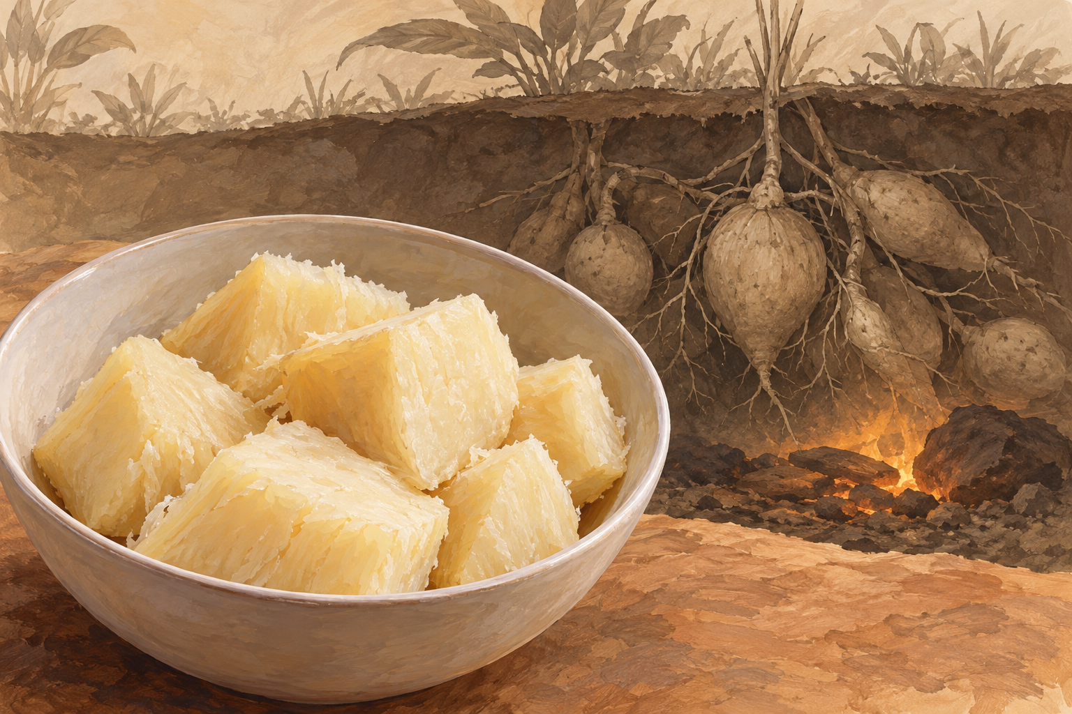 Cooked commercial yam pieces in front of an abstract illustration of underground plant food and fire.
