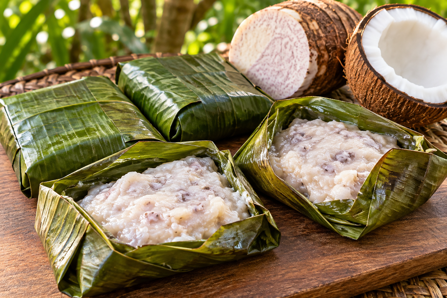 Banana-leaf parcels opened to show cooked taro and coconut mash, beside taro and coconut ingredients.