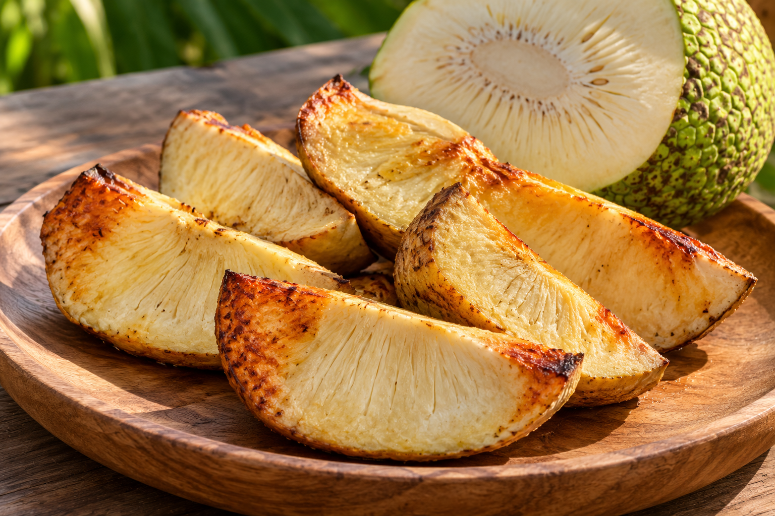 Roasted breadfruit wedges with browned edges beside a halved green-rinded breadfruit.