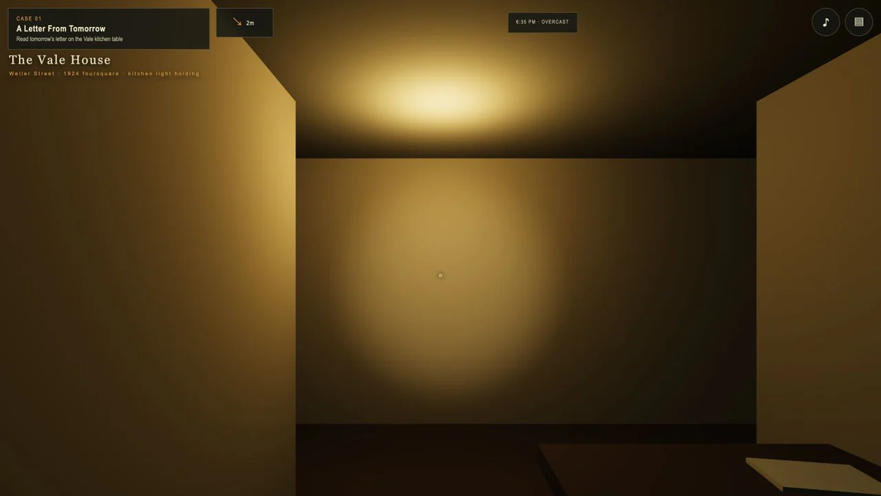 Bellwether '77 first-person flashlight view inside the Vale House