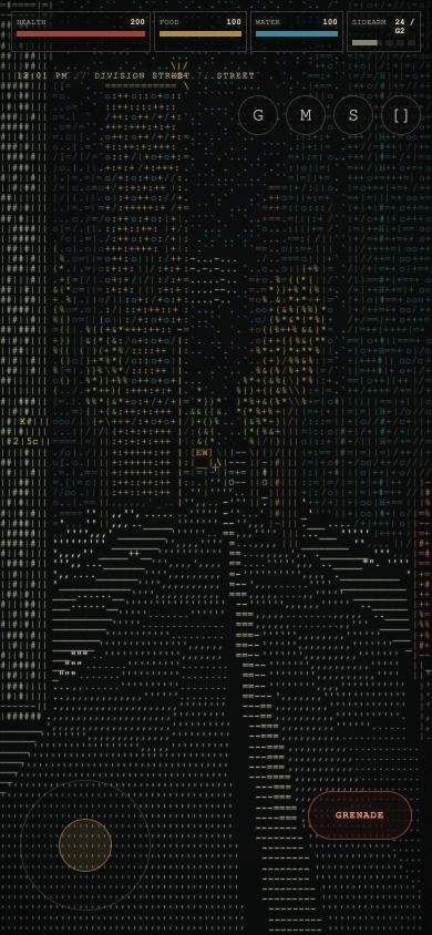 Bellwether Textmode ASCII city with streets, buildings and an active encounter