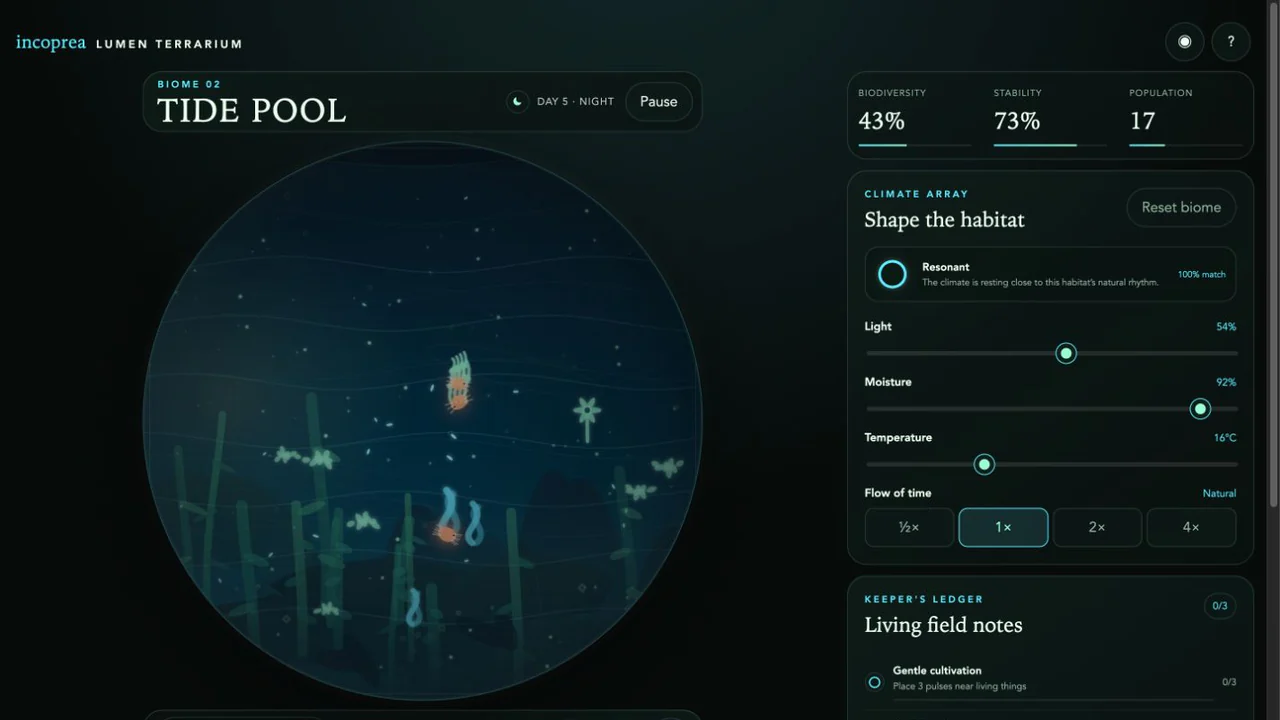 Lumen Terrarium Tide Pool biome with animated life and climate controls