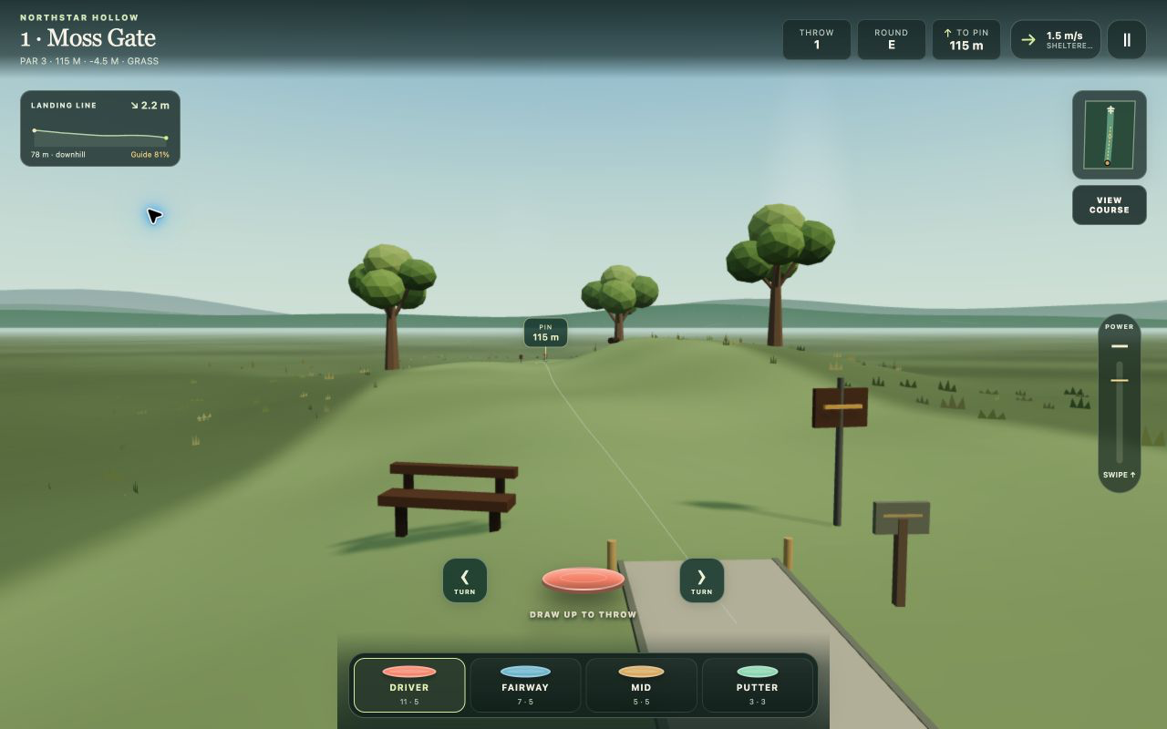 Northwind Nine woodland fairway with turning controls, rolling terrain and a live shot-power guide