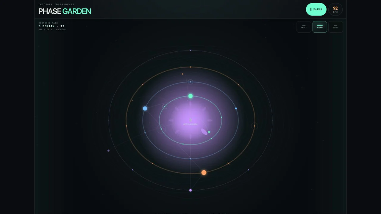 Phase Garden live orbital music surface glowing around sequenced notes
