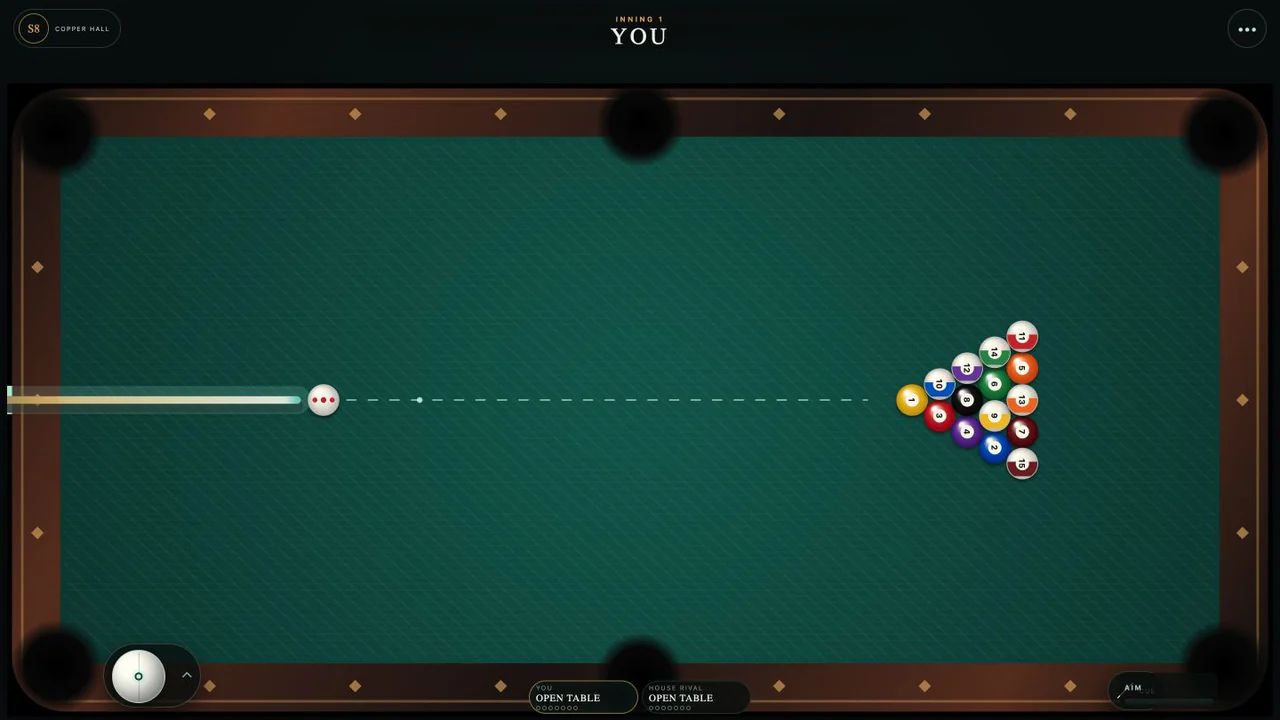 Sable Eight full pool table with the cue ball lined up on the opening rack
