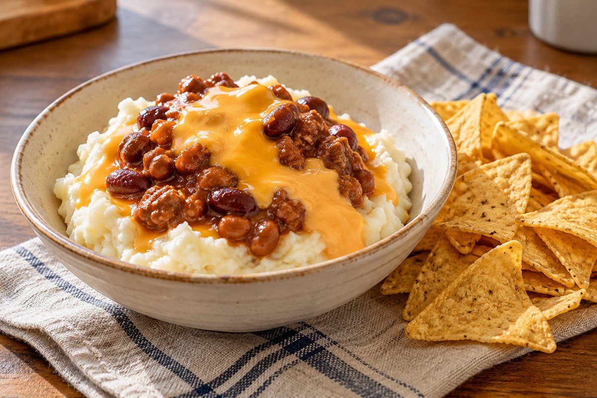 AI-generated food-family still life: potatoes, chili and cheese