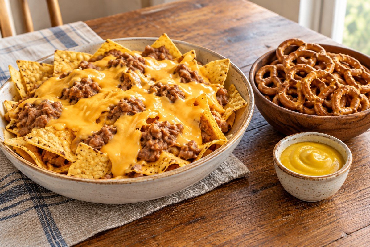 AI-created food-family illustration: nachos, pretzels and dip