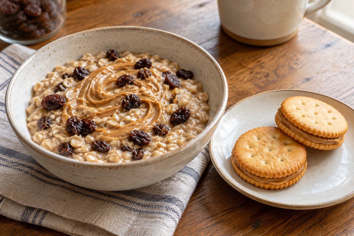 AI-created food-family illustration: oats and peanut-butter crackers