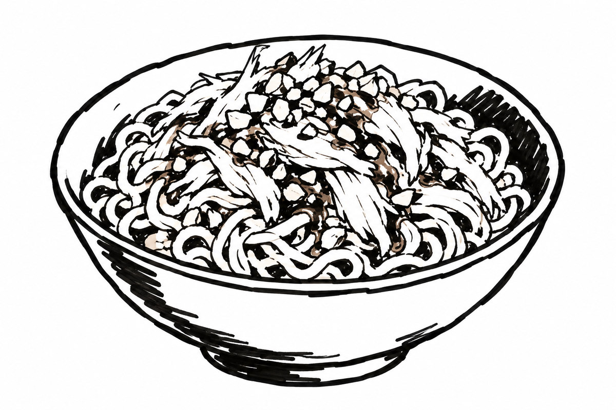AI-generated marker-style illustration of Sweet-Hot Chicken Noodle Bowl