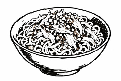 AI-generated marker-style illustration of Sweet-Hot Chicken Noodle Bowl