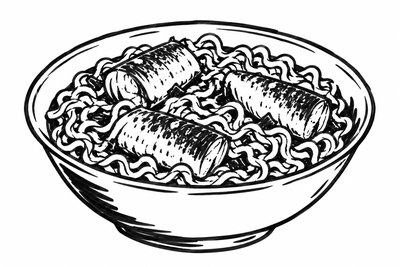 AI-generated marker-style illustration of Garlic-Sardine Noodles