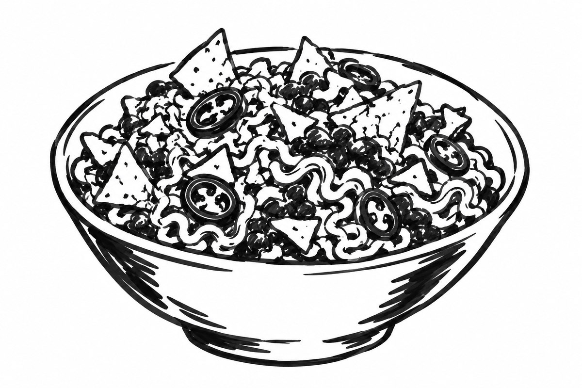 AI-generated marker-style illustration of Beans-and-Corn-Chip Ramen