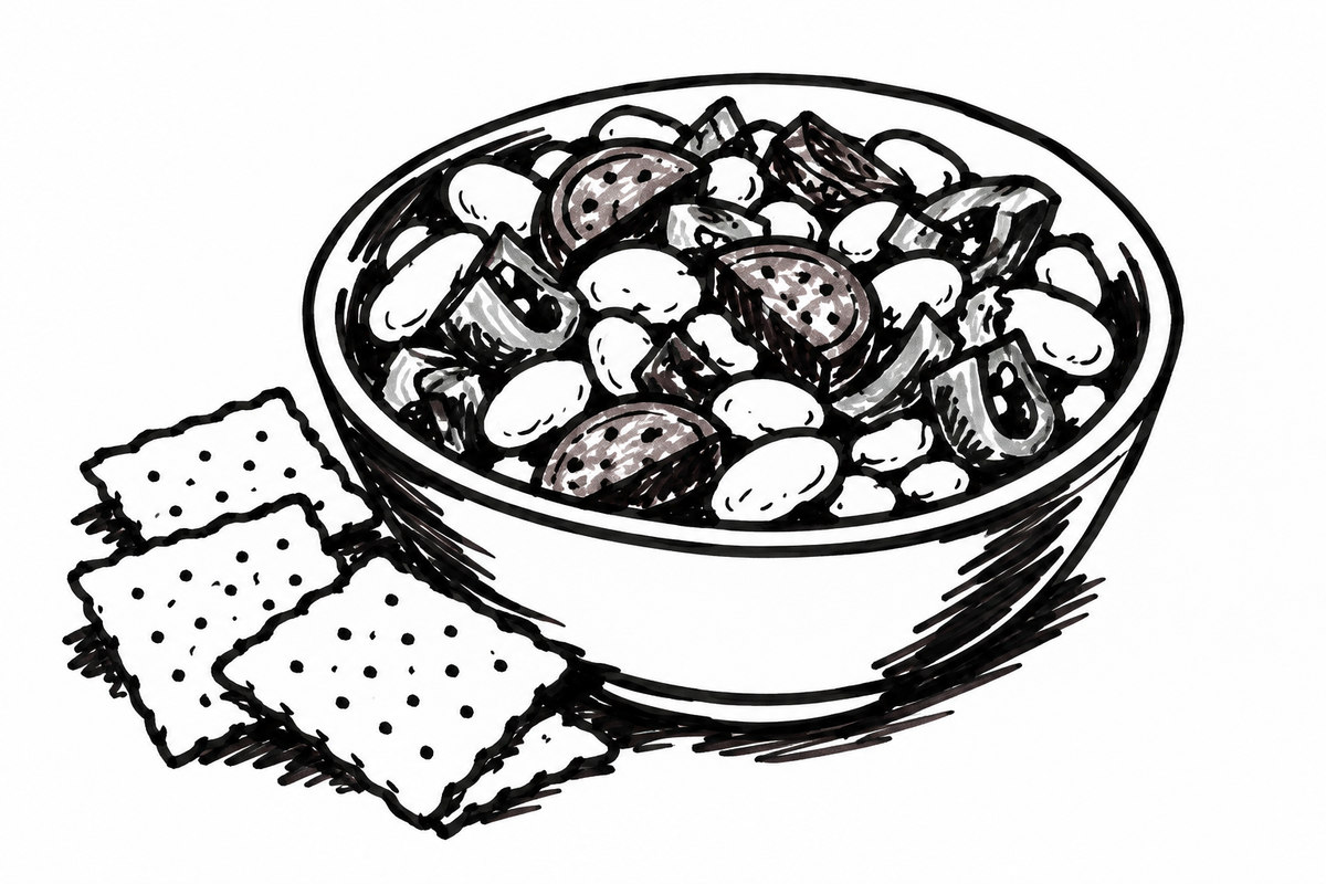AI-generated marker-style illustration of Pepperoni-Bean Antipasto Cup
