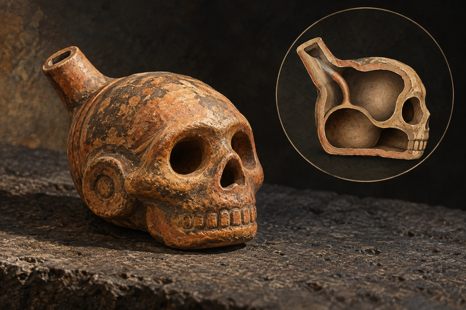 Artistic terracotta skull-shaped whistle beside a conceptual cutaway of its hollow interior.
