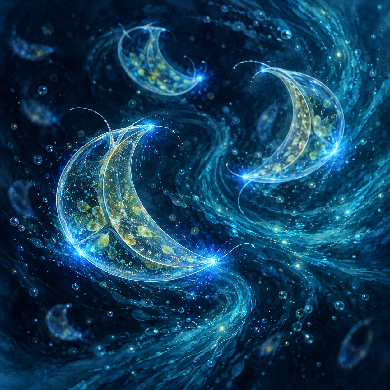 Three crescent-shaped dinoflagellate cells glow blue among swirling dark seawater.
