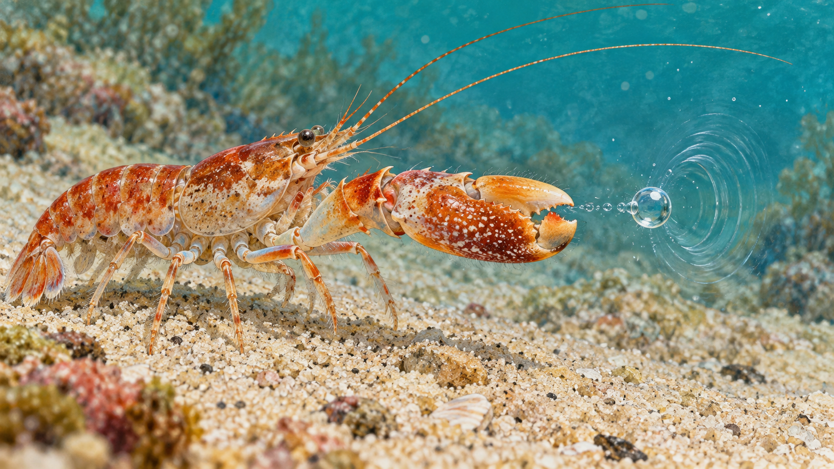 An orange pistol shrimp extends its large claw toward a bubble and circular pressure ripple.