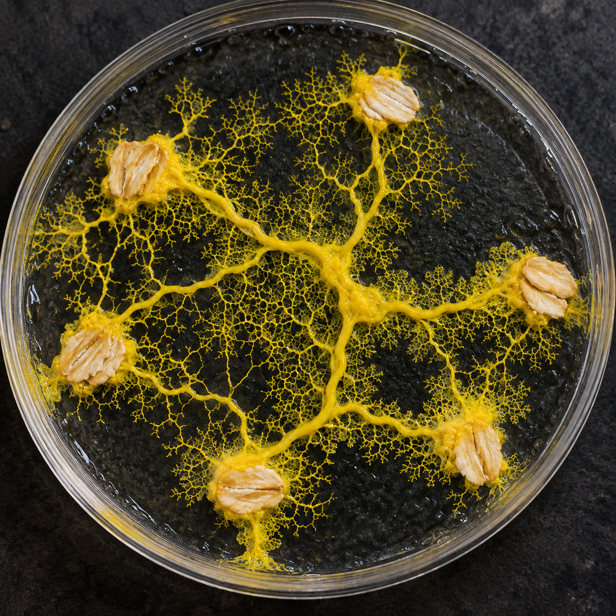 A yellow slime mold network connects oat flakes inside a round laboratory dish.