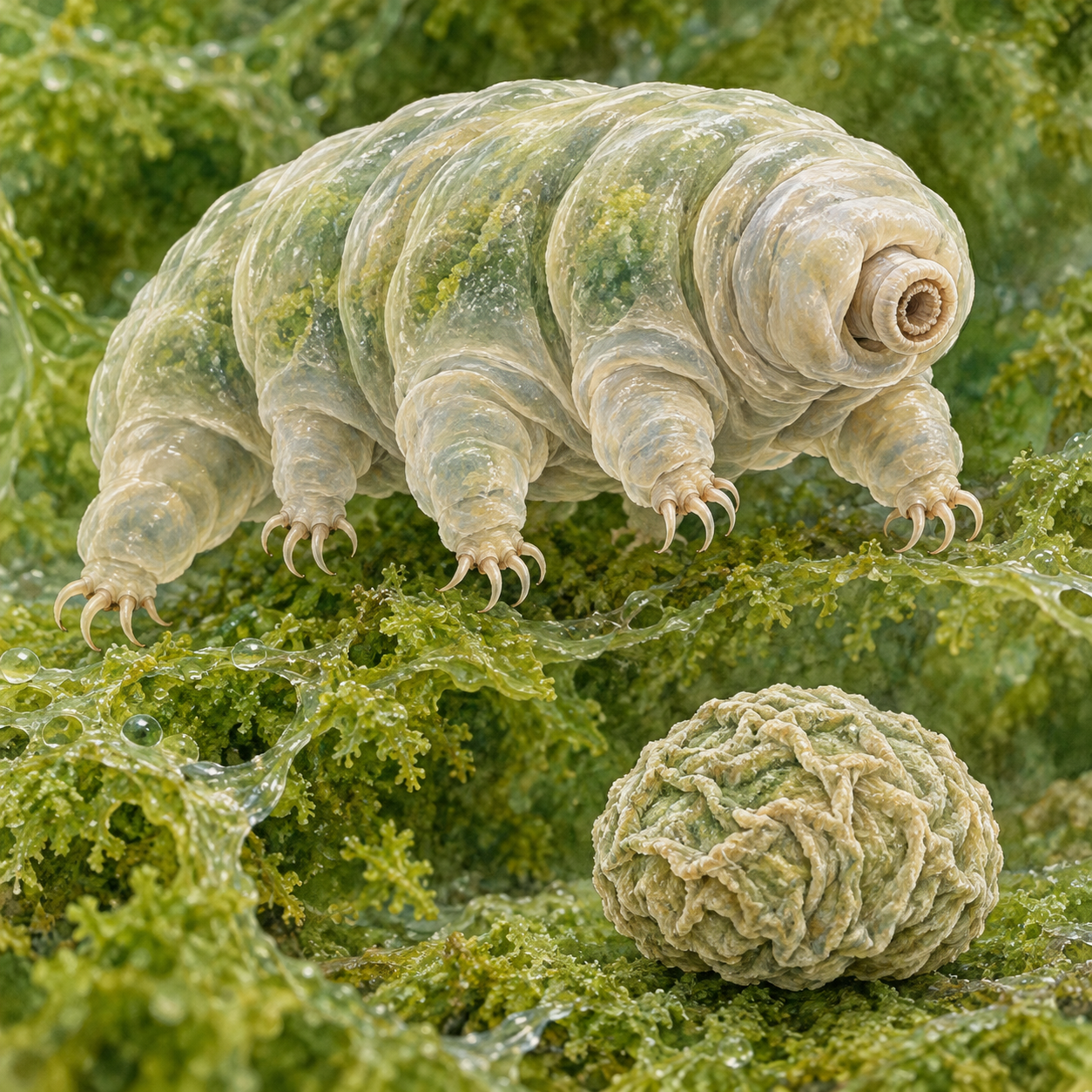 An enlarged active tardigrade above a compact wrinkled tun form against a moss-green background.