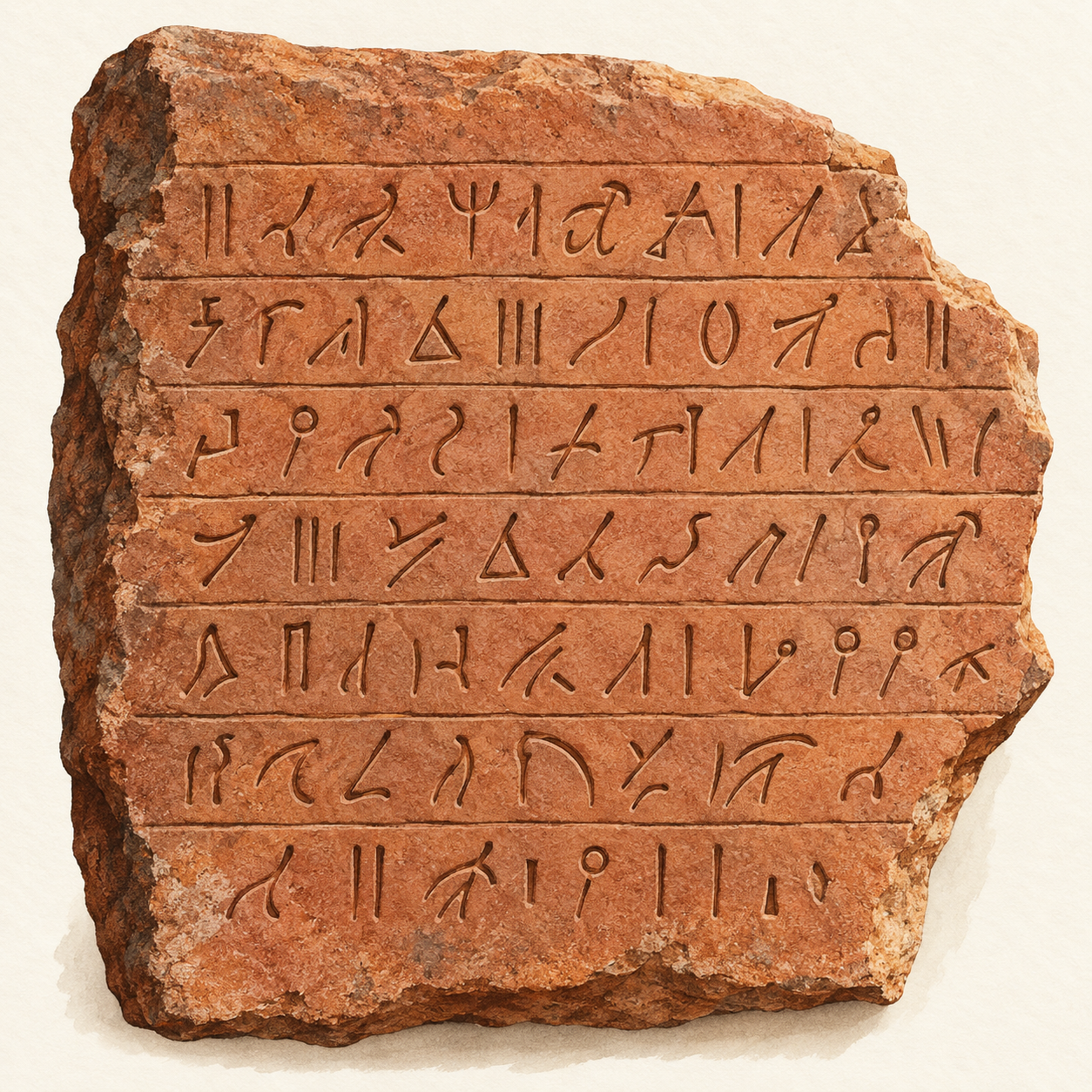 Generated illustration of an imagined sandstone fragment with Meroitic-inspired incised signs.