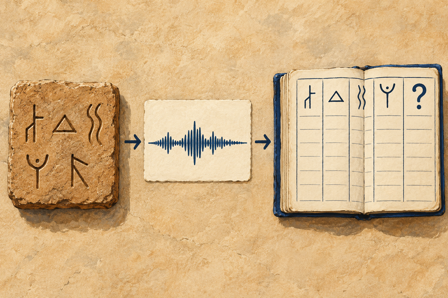 Generated conceptual illustration moving from inscribed signs to sound and an unresolved reference notebook.