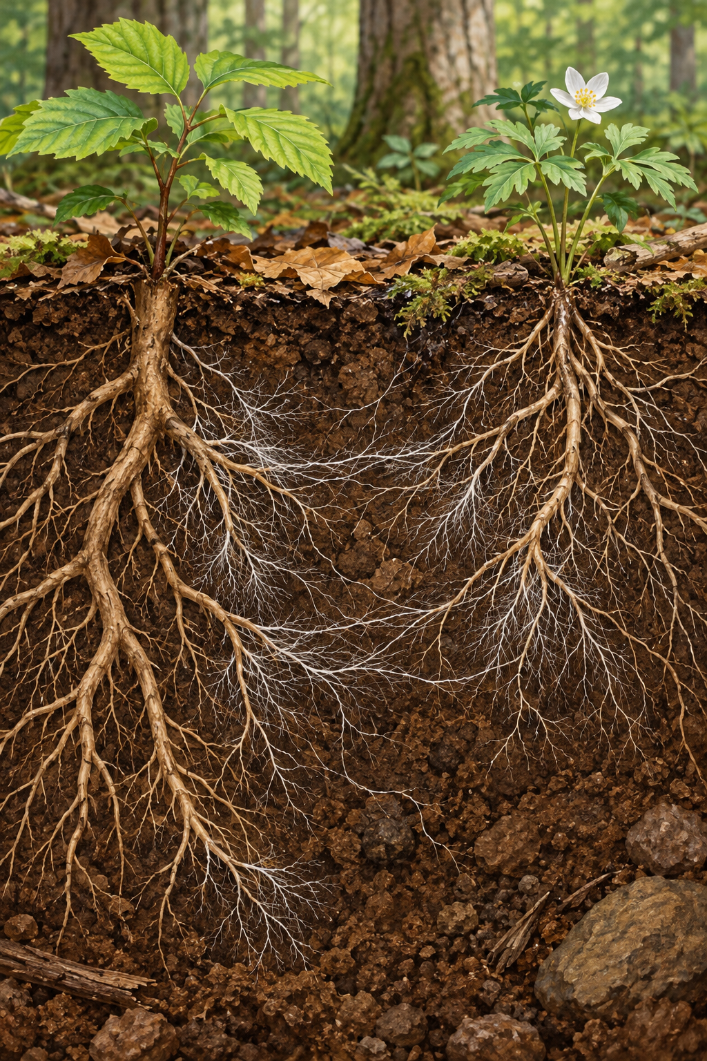 Generated soil cutaway showing plant roots and fine fungal filaments.