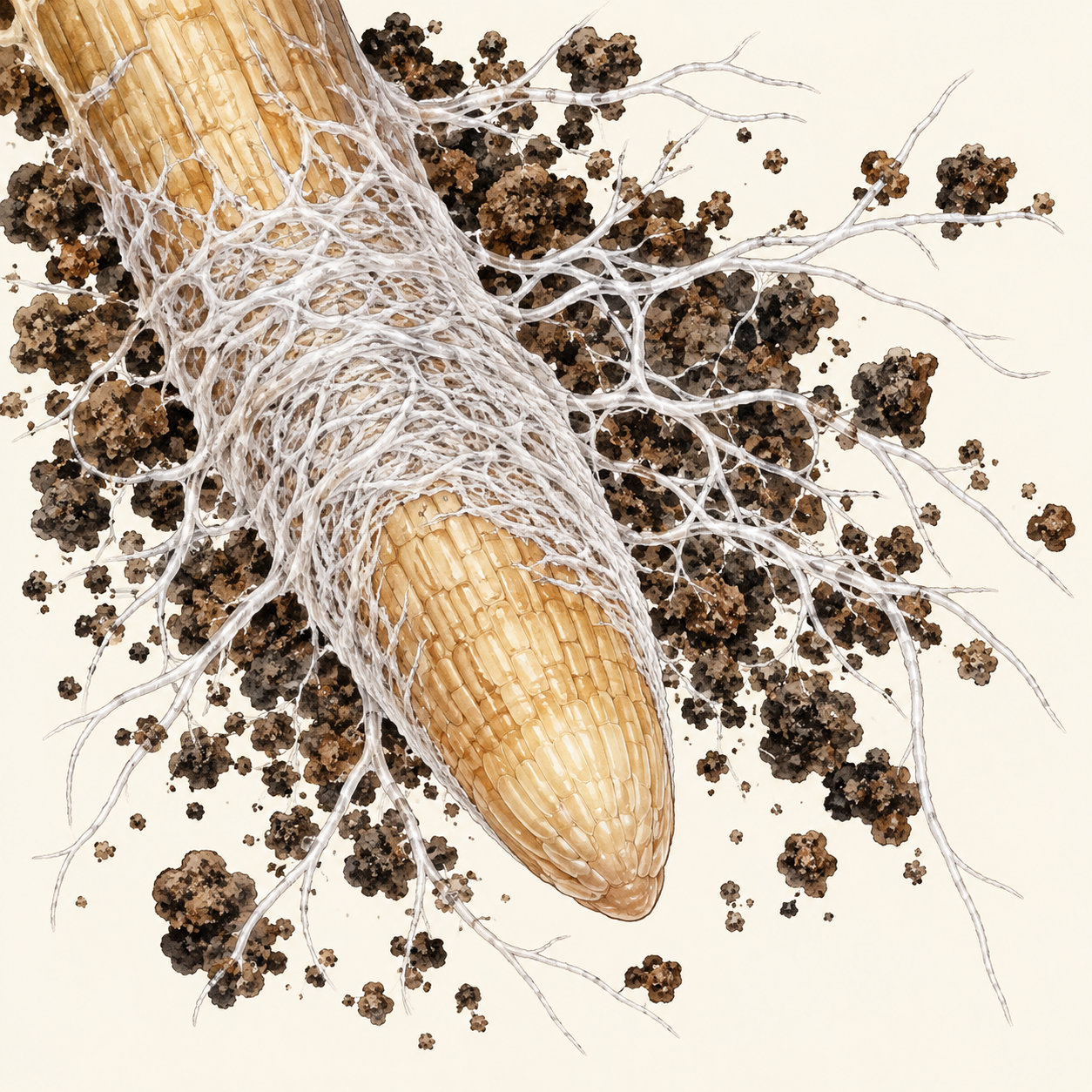 Generated enlarged schematic of a root tip with an associated fungal sheath and outward-growing hyphae.