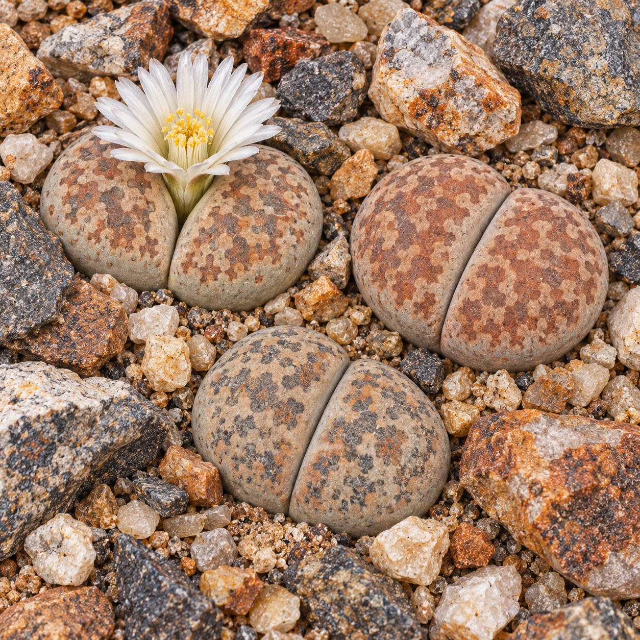 Generated illustration of low paired Lithops leaves blending with gravel, with one white flower.