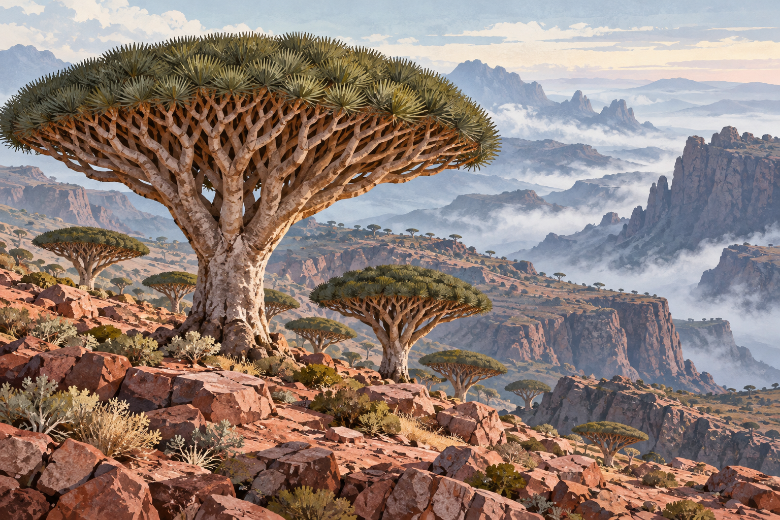 Generated illustration of umbrella-shaped dragon's blood trees across a misty rocky plateau.