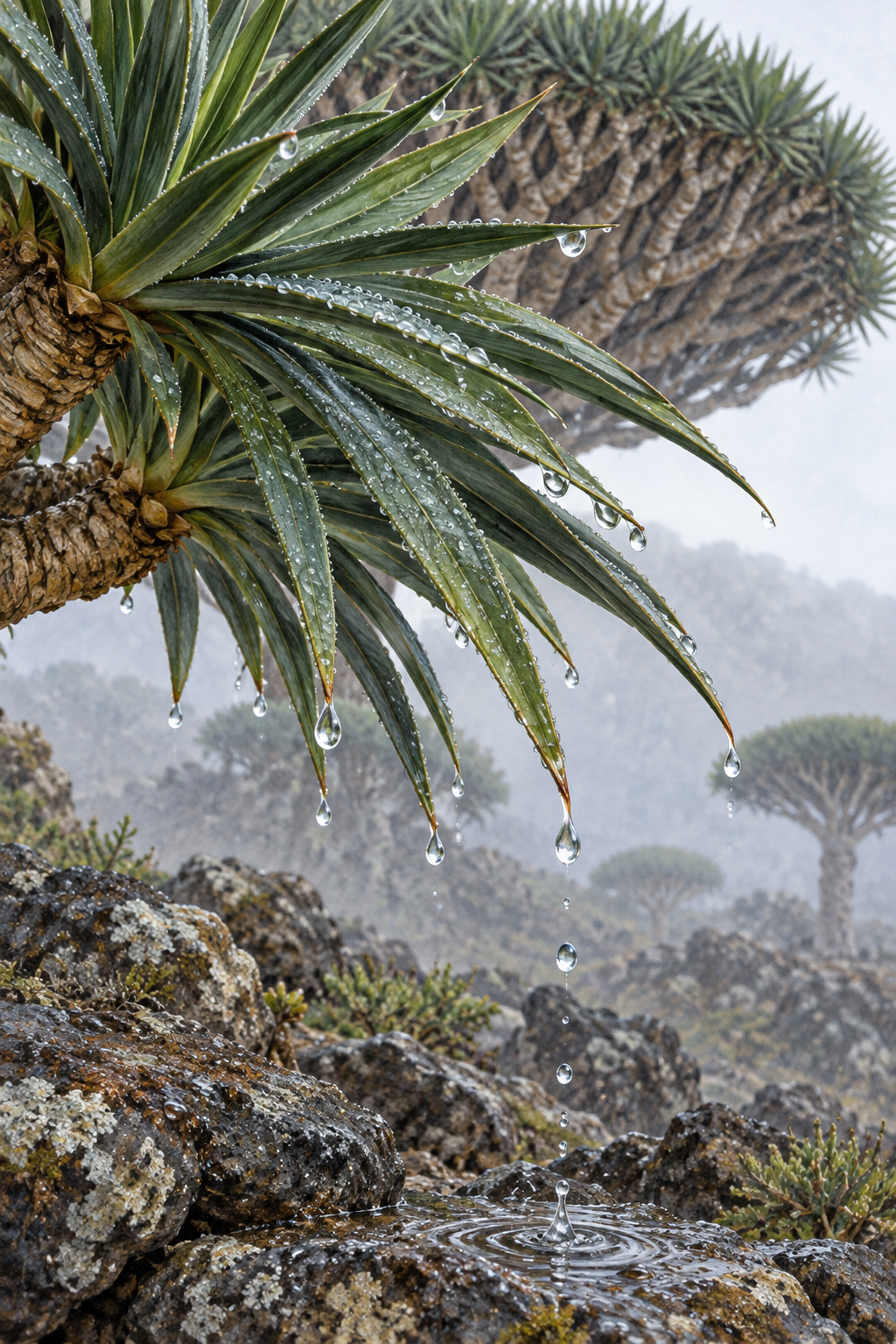 Generated close-up of water droplets on the narrow leaves of a dragon's blood tree.