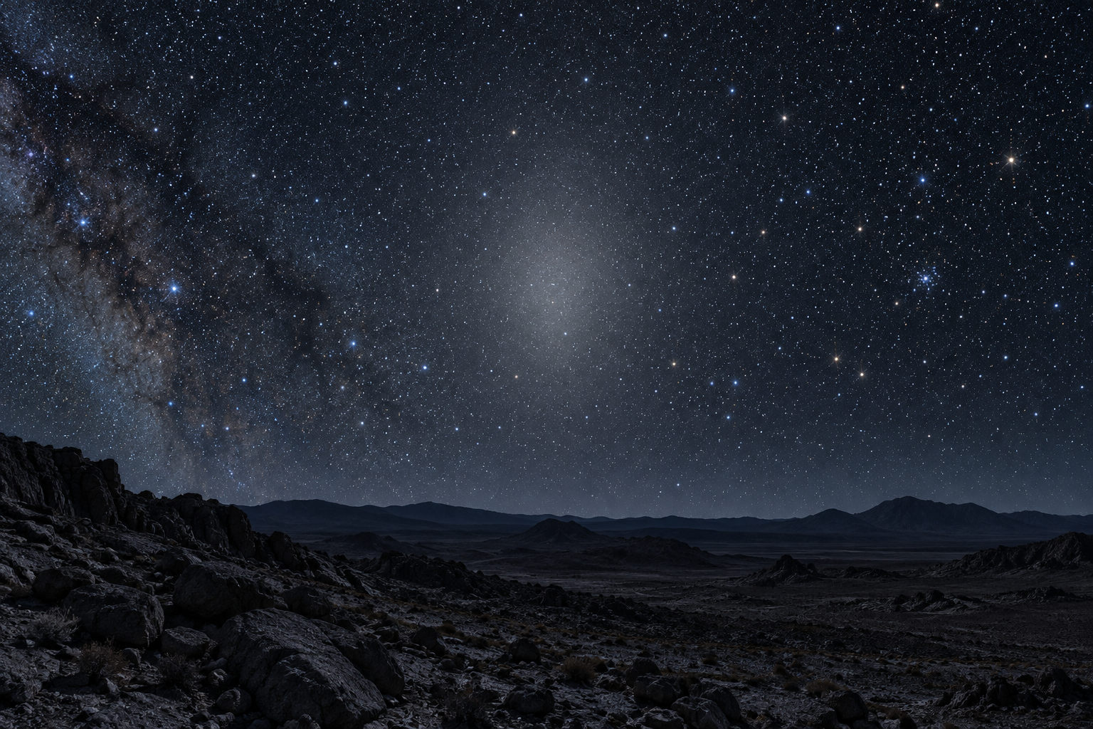 A faint diffuse oval glow appears among stars above a dark rocky landscape.