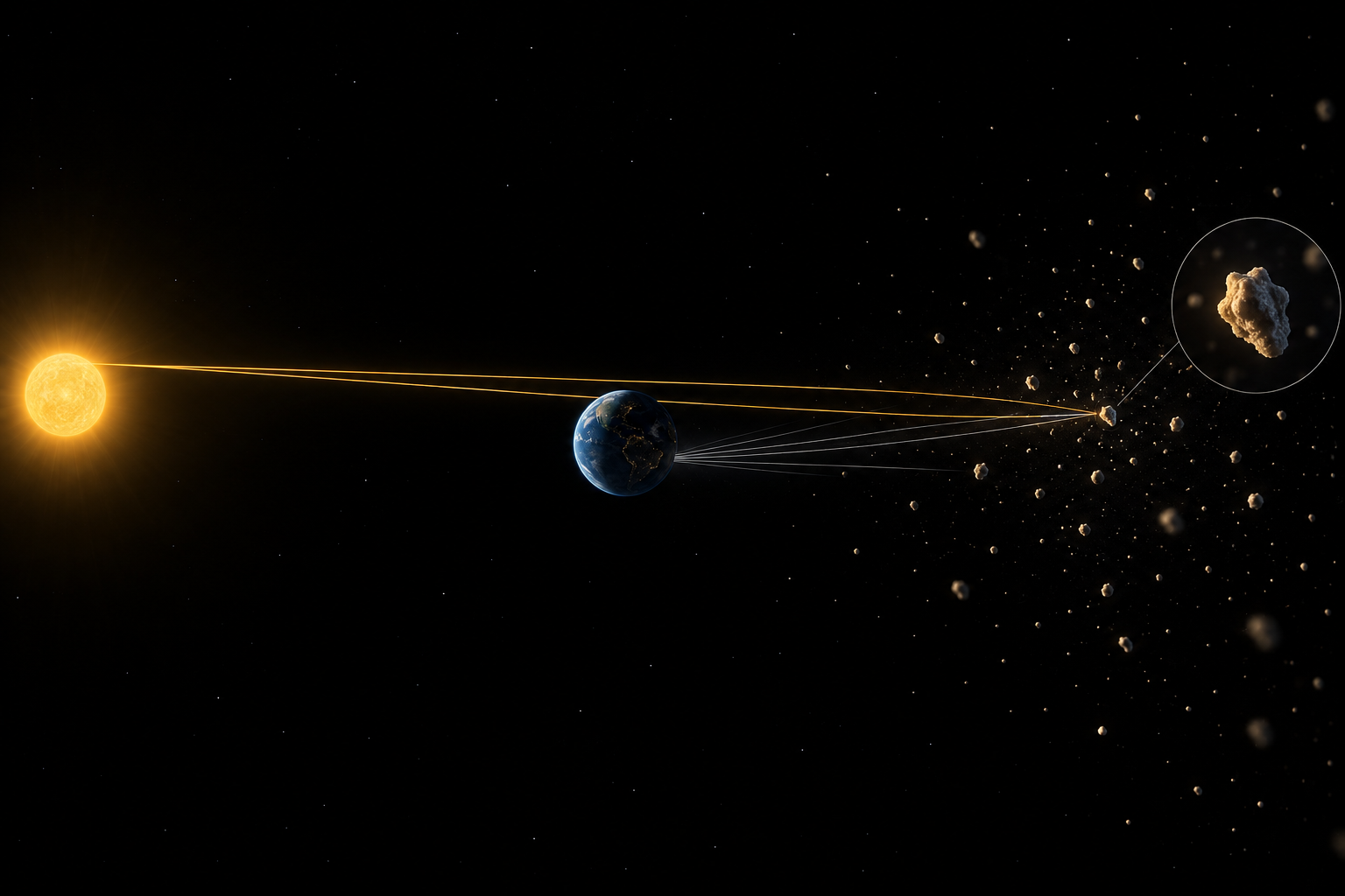 Conceptual rays connect the Sun, Earth and dust beyond Earth on the night side.