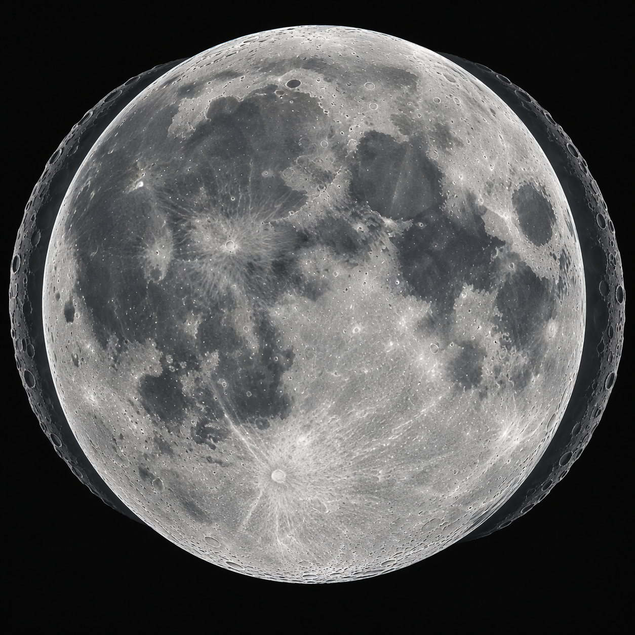 An illustrated near-side Moon has faint offset outlines around its rim to suggest a changing viewpoint.