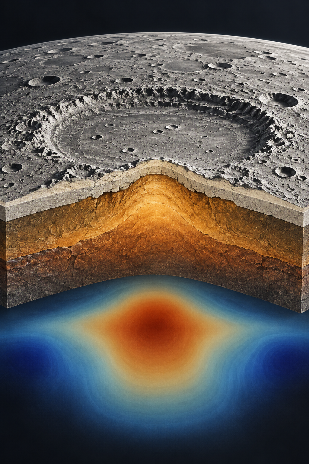 An interpretive lunar basin cutaway shows denser rock uplifted beneath a crater and an abstract gravity halo.