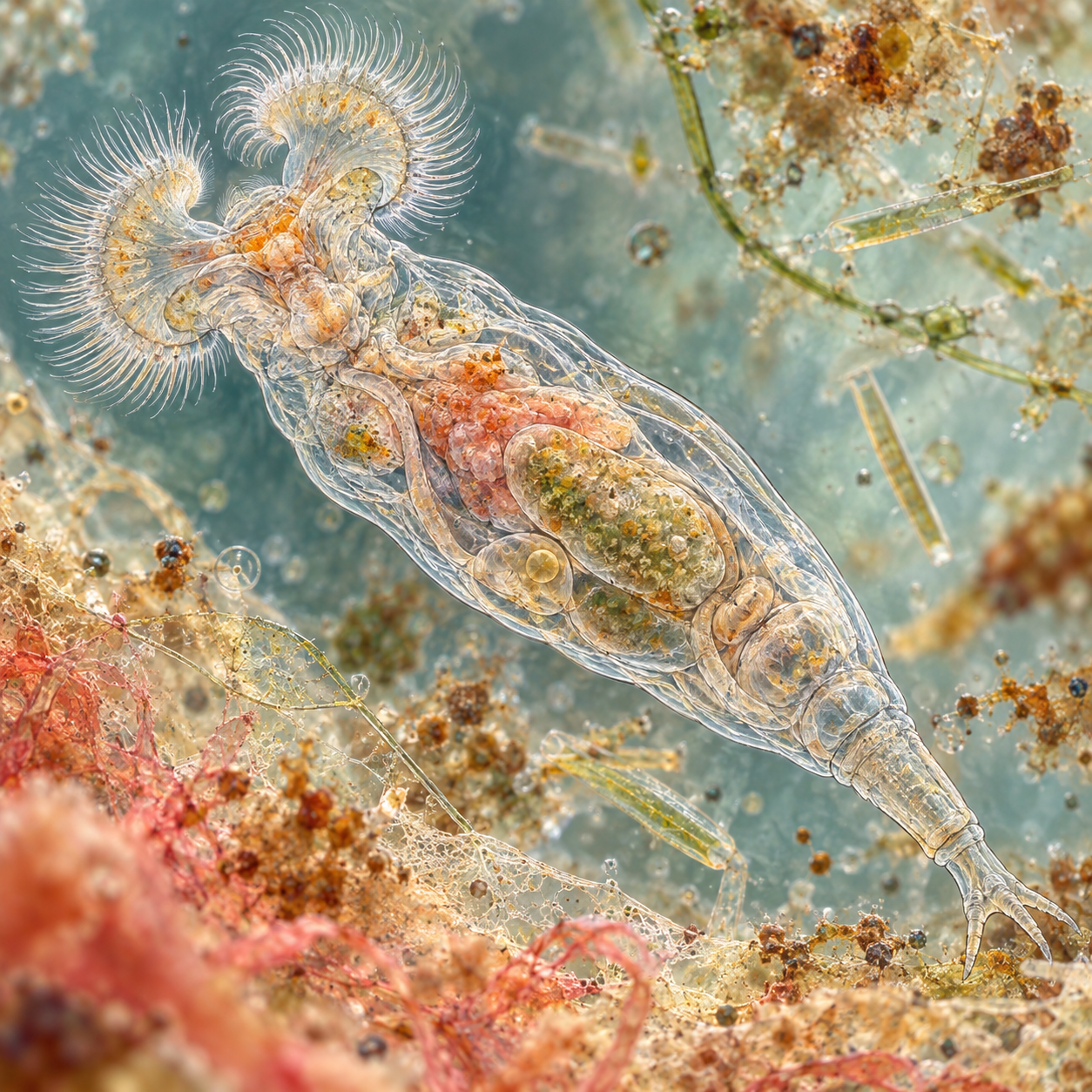 A translucent bdelloid rotifer with ciliated feeding lobes appears among microscopic freshwater material.