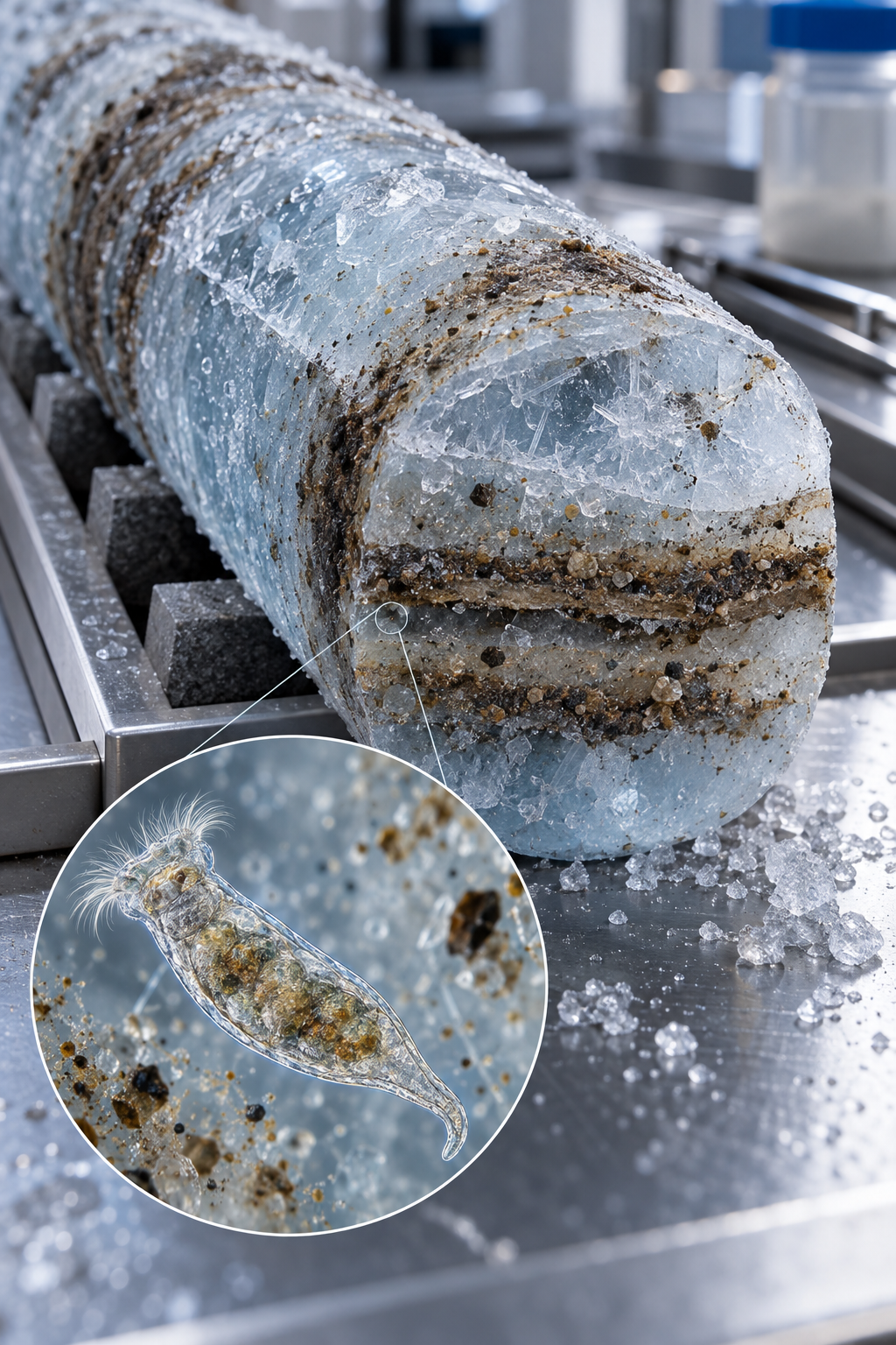 An illustrated layered frozen sediment core includes a magnified conceptual rotifer inset.