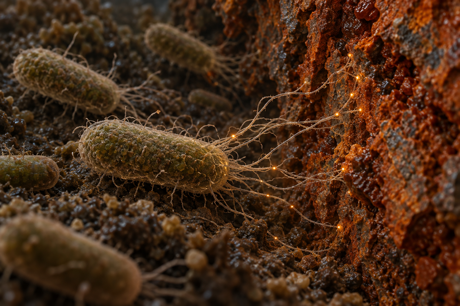 Illustrated rod-shaped microbes extend fine protein filaments toward a rusty mineral surface.