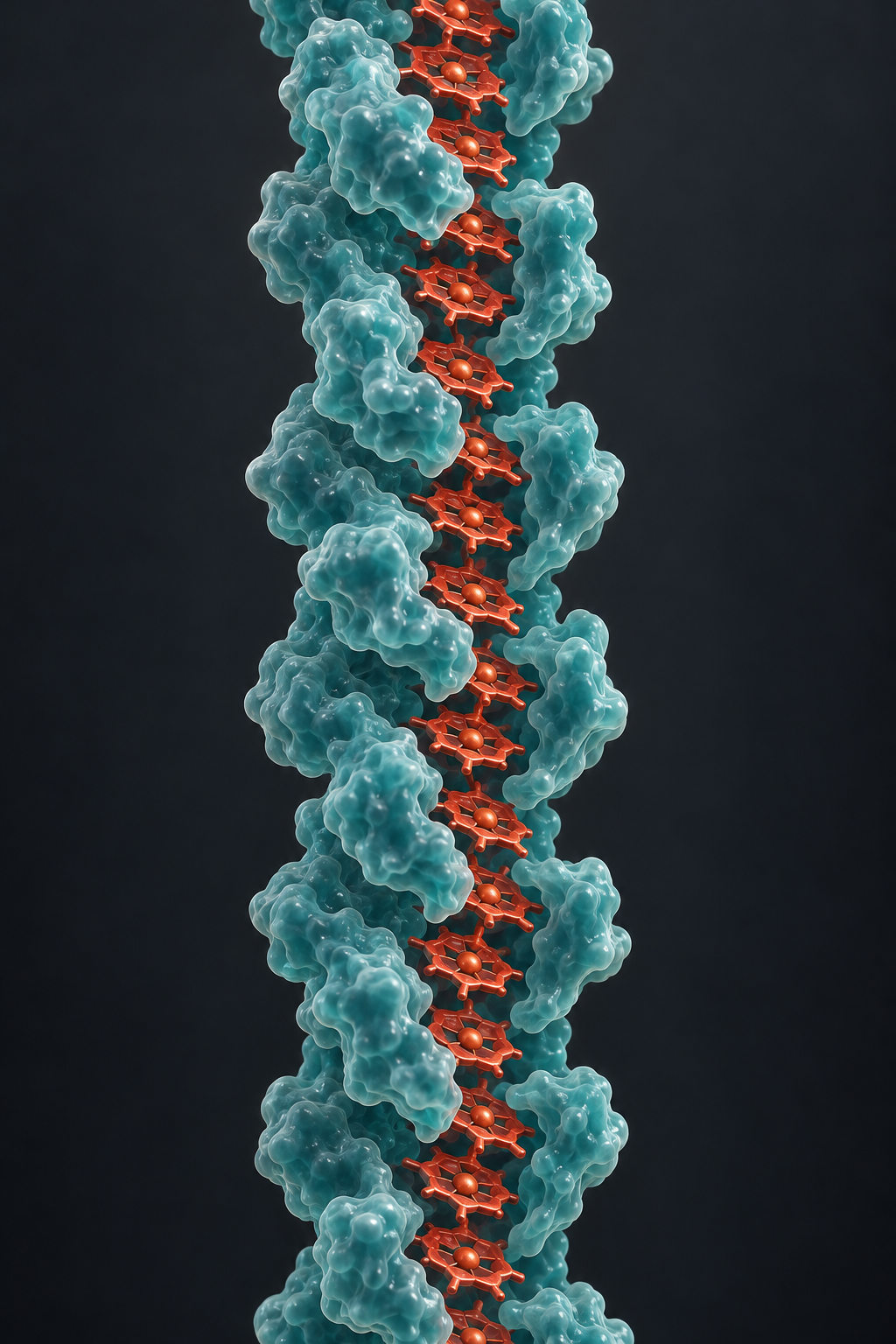 A conceptual protein filament contains a chain of enlarged reddish heme-like groups.