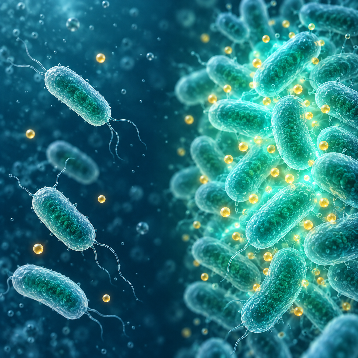 Sparse and dense groups of illustrated bacteria are surrounded by different concentrations of gold signal dots.