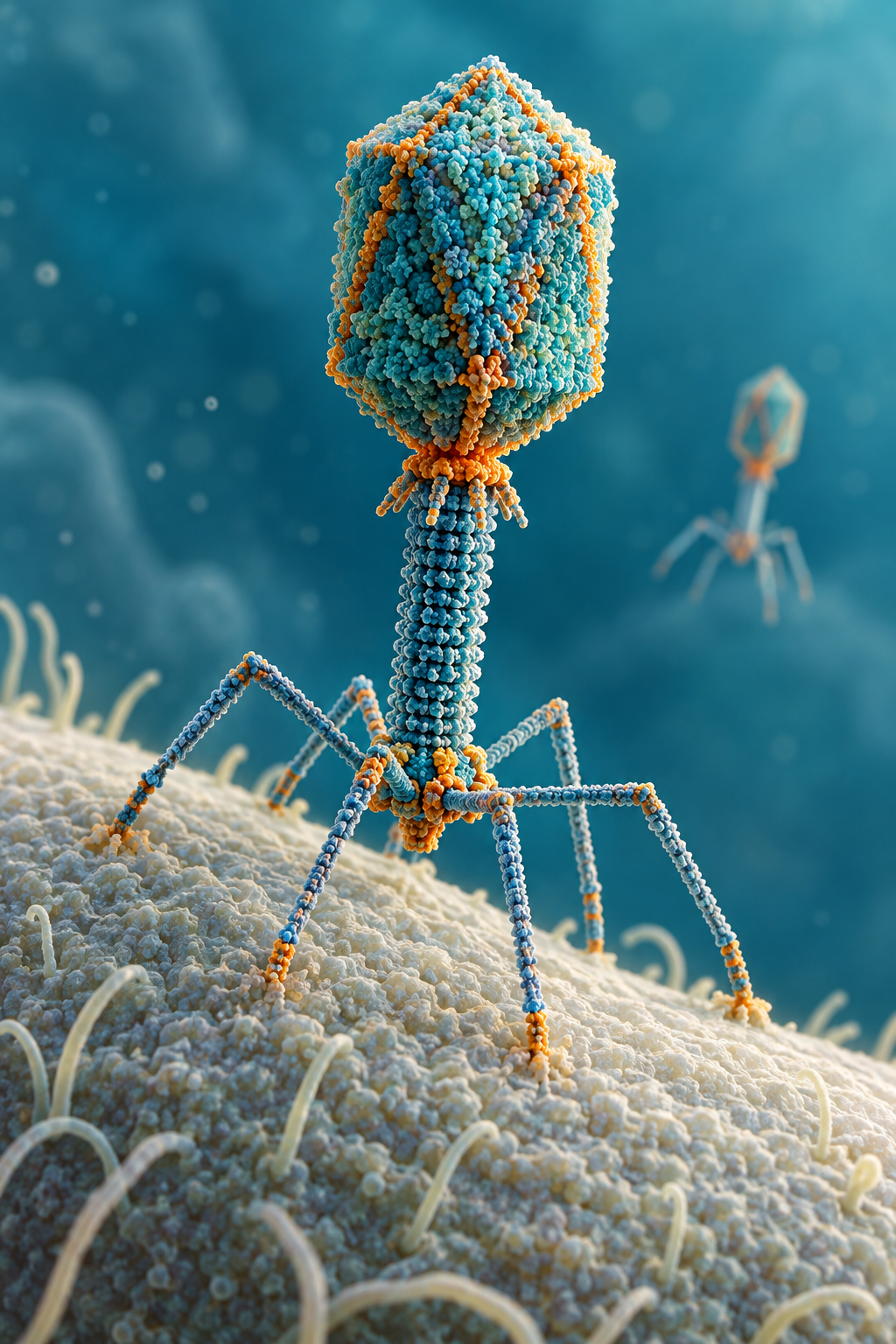 A conceptual tailed bacteriophage rests on the surface of a bacterial cell.
