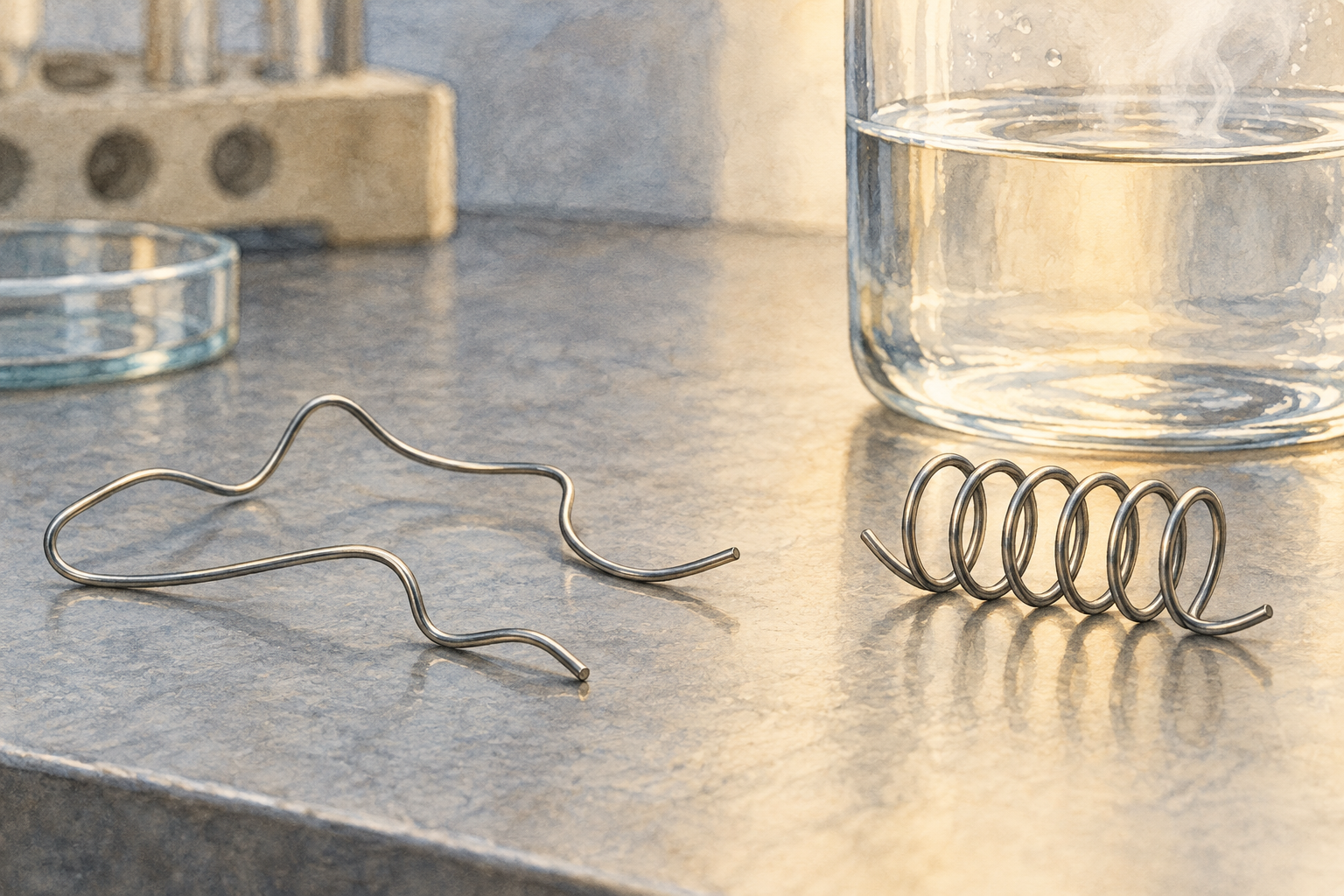 An irregular silvery wire and a neat helical spring illustrate two conceptual states of shape-memory metal on a laboratory bench.