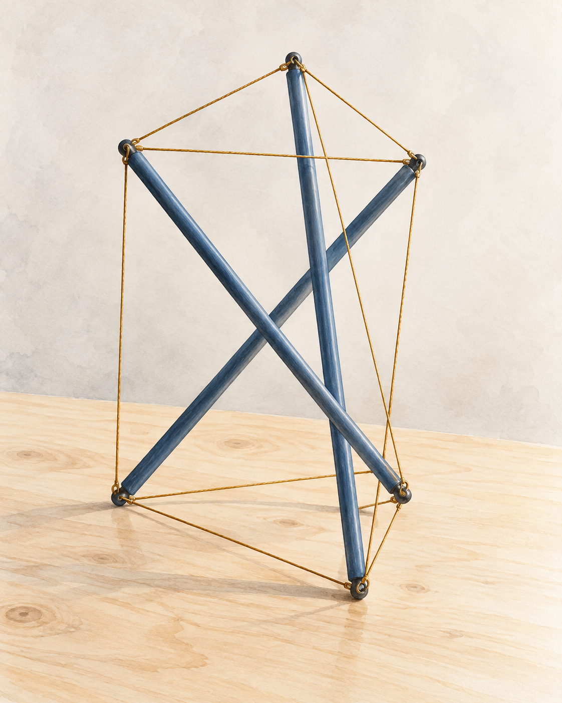 Three blue-gray struts form an open tabletop model held by taut gold cables, with no joined central crossings.