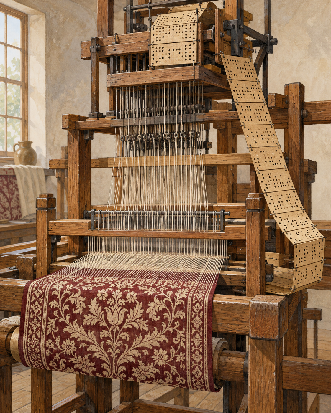 A generalized wooden loom has a hanging punched-card chain and patterned burgundy-and-cream cloth.