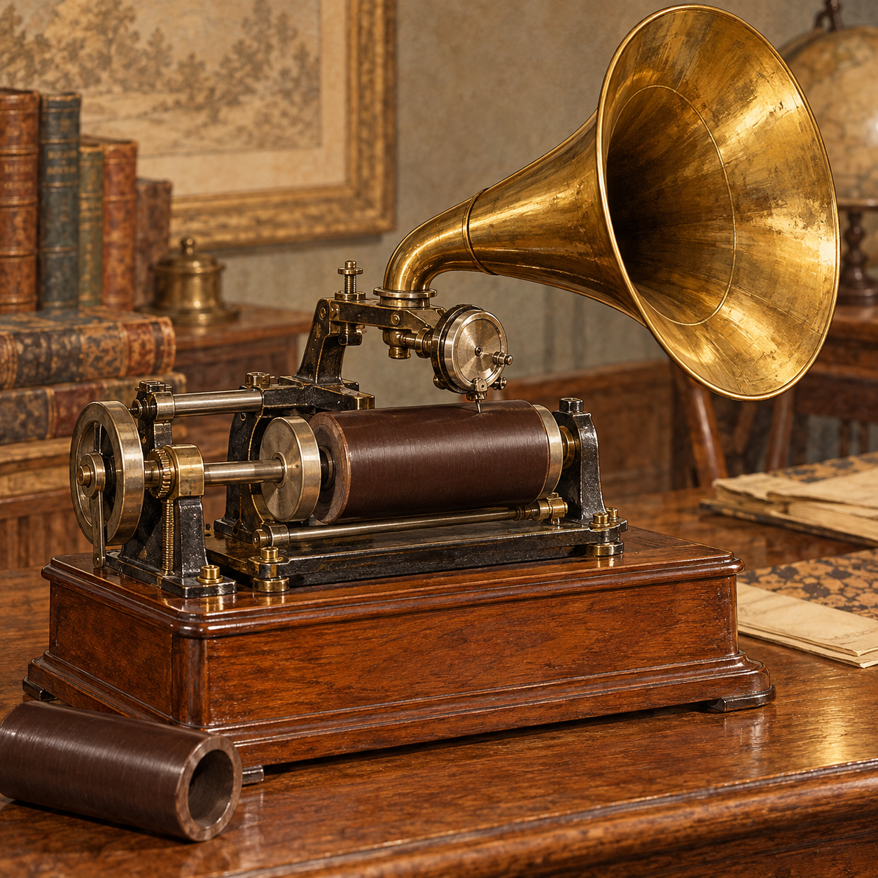 A generalized cylinder phonograph has a horizontal brown record, reproducer and brass acoustic horn on a wooden base.