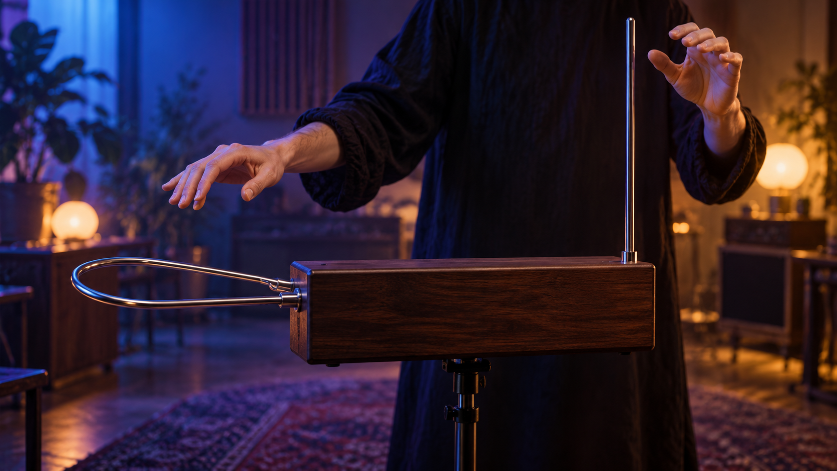 Two hands hover near a theremin with a straight pitch rod and curved volume loop.
