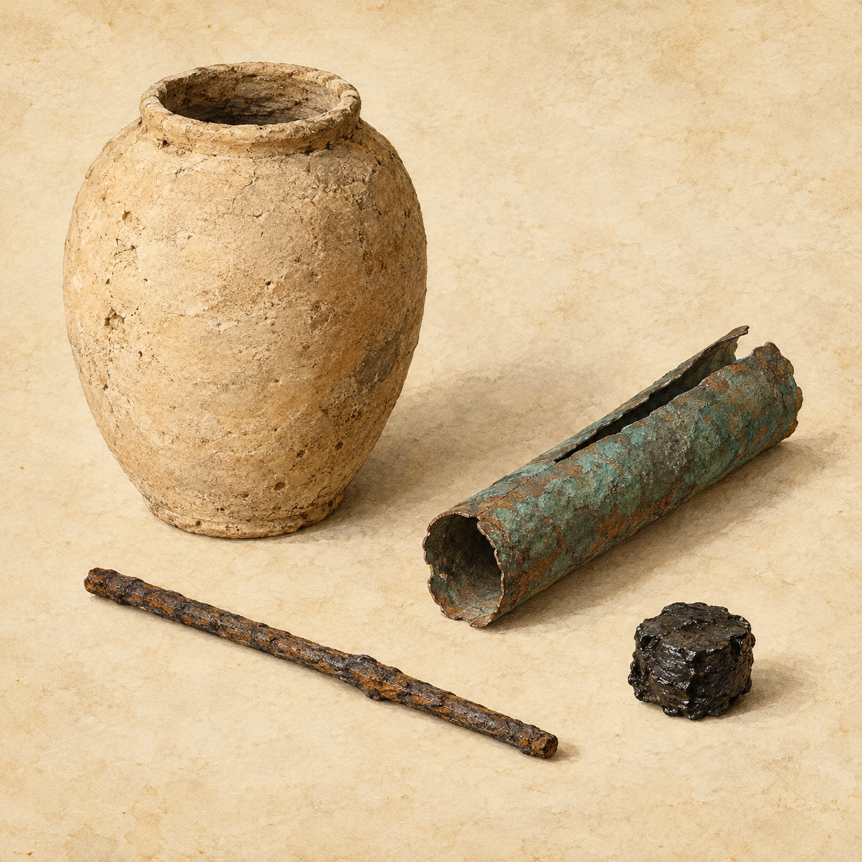 Generated illustration of a pottery jar and separate copper tube, iron rod and dark plug laid out for study.
