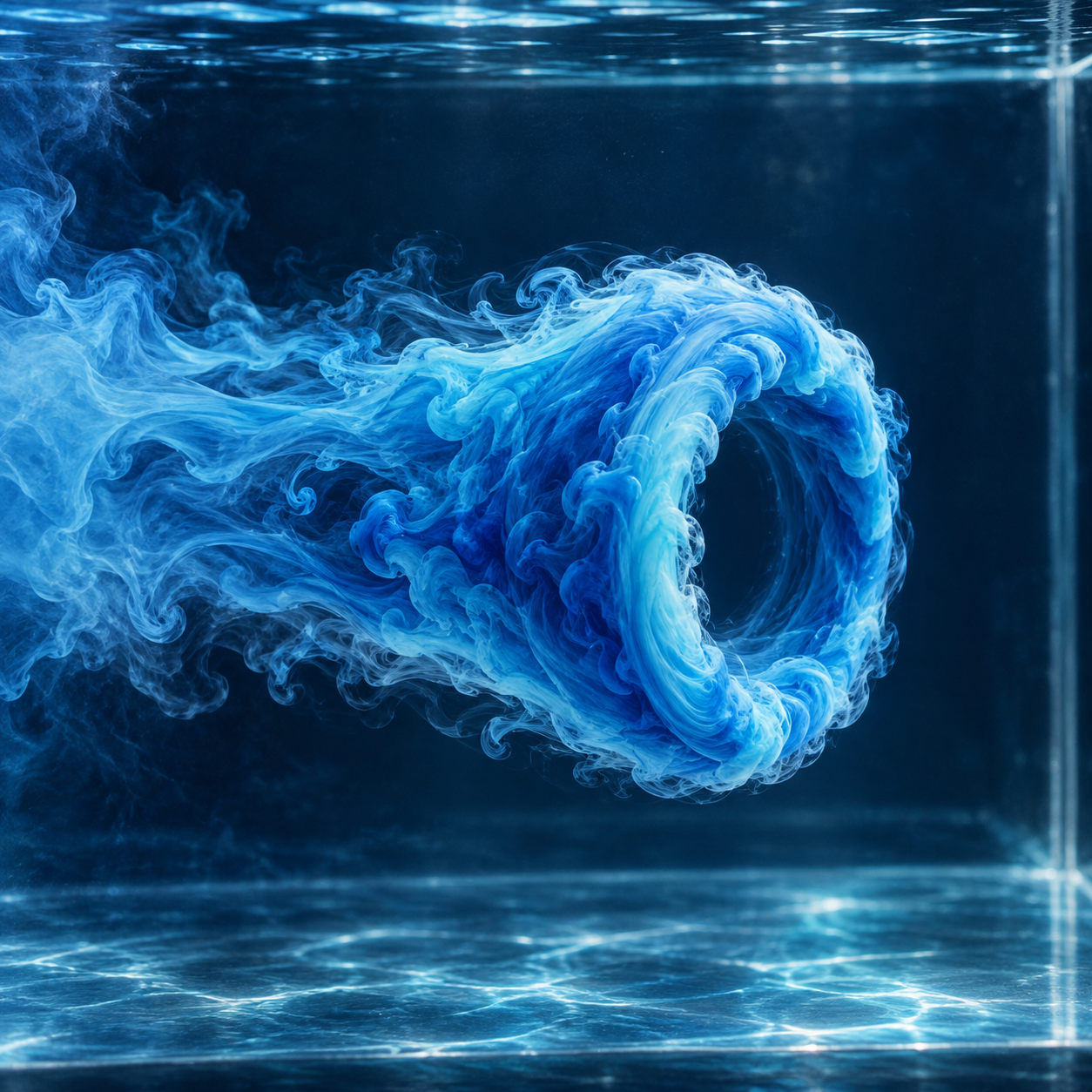 A conceptual blue-dyed vortex ring curls through clear water in a dark aquarium.