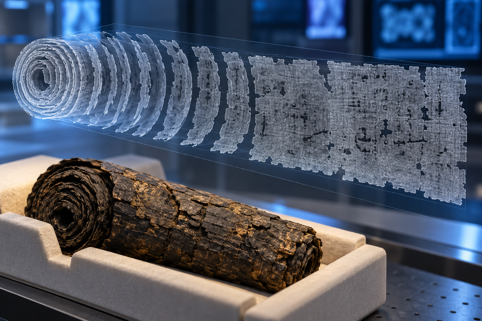 A conceptual carbonized scroll rests in a cradle beneath an abstract visualization of digital layers flattening.