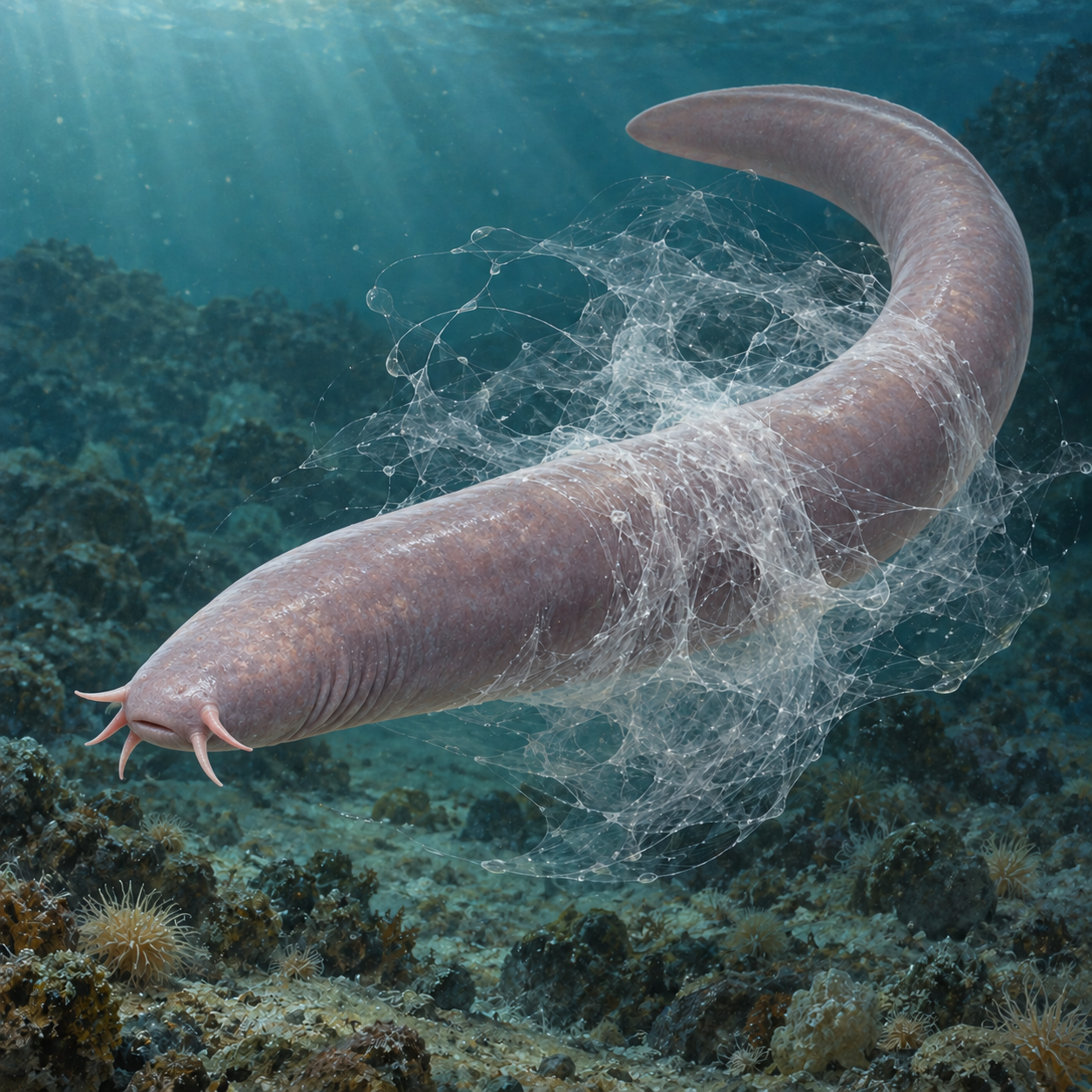 Generated illustration of a pale hagfish surrounded by a translucent network representing defensive slime.